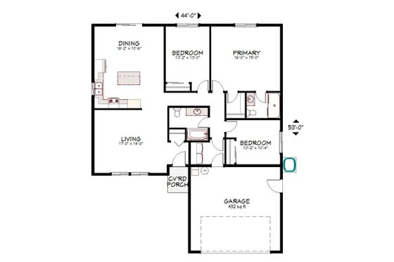 Floor Plan - Main Floor for Ranch House Plan #943-59 - 3 bed, 2 bath
