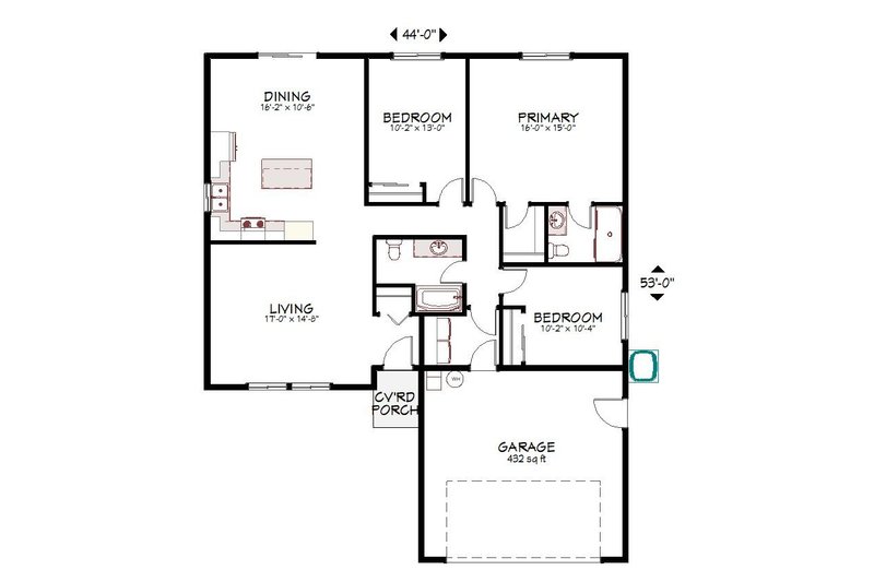 House Blueprint - Floor Plan - Main Floor for Ranch House Plan #943-59 - 3 bed, 2 bath