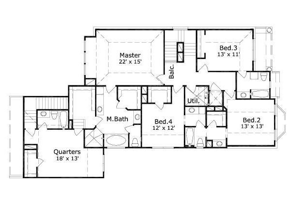 Floor Plan - Upper Floor for European House Plan #411-600 - 4 bed, 4.5 bath