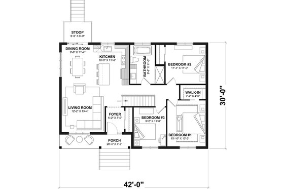 Floor Plan - Main Floor for Bungalow House Plan #23-2830 - 3 bed, 1 bath