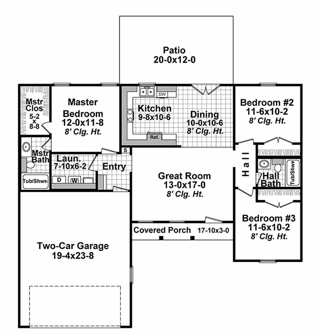 Ranch Style House Plan - 3 Beds 2 Baths 1200 Sq/Ft Plan ...