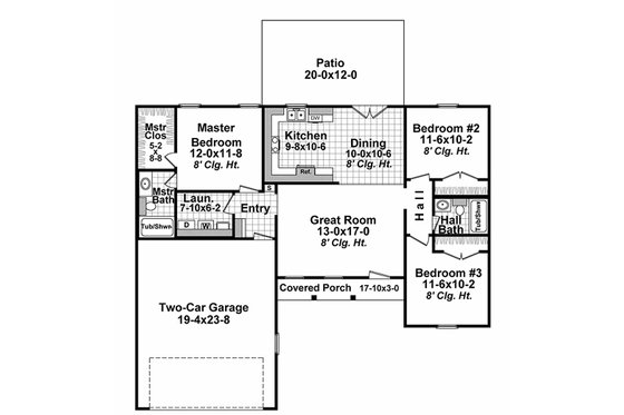 Floor Plan - Main Floor for Ranch House Plan #21-327 - 3 bed, 2 bath