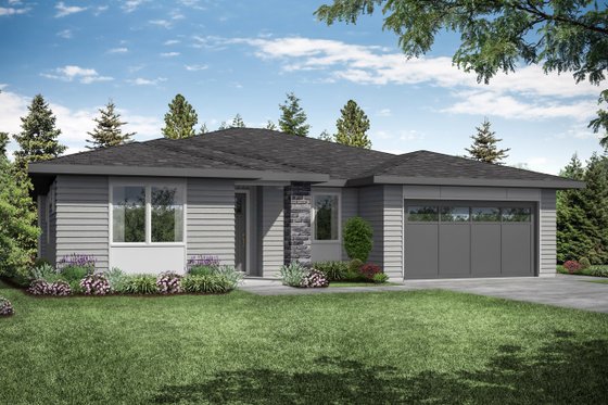 Exterior - Front Elevation 3 for Prairie House Plan #124-1173 - 3 bed, 2 bath