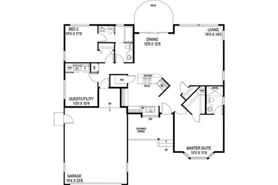 Floor Plan - Main Floor for Ranch House Plan #60-144 - 2 bed, 2.5 bath