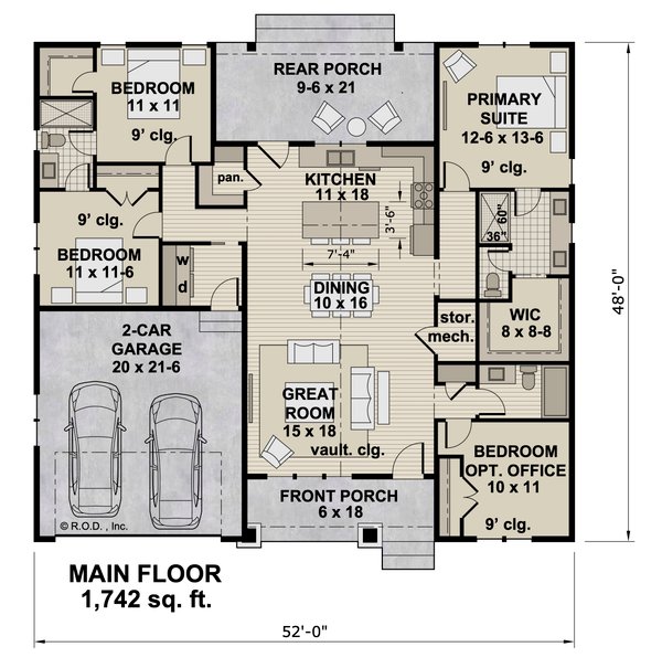House Design - Floor Plan - Main Floor for Bungalow House Plan #51-1493 - 4 bed, 3 bath