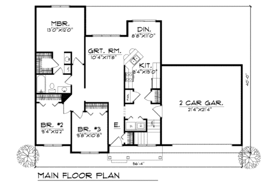 Floor Plan - Main Floor for Traditional House Plan #70-102 - 3 bed, 2 bath