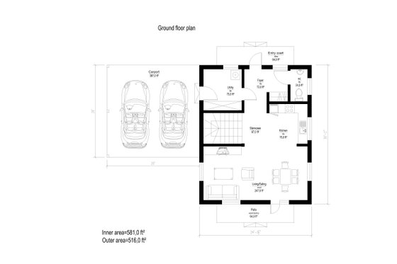 Floor Plan - Main Floor for European House Plan #549-9 - 3 bed, 1 bath