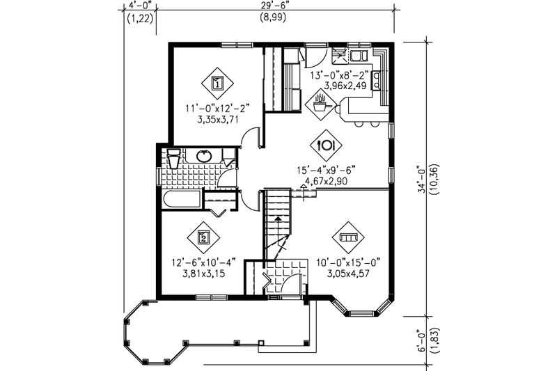 House Plan Design - Floor Plan - Main Floor for Victorian House Plan #25-1219 - 2 bed, 1 bath