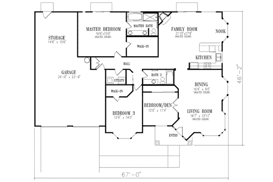 Floor Plan - Main Floor for Mediterranean House Plan #1-417 - 3 bed, 2 bath
