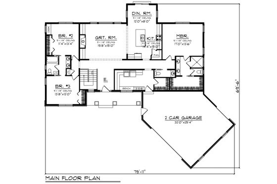 Floor Plan - Main Floor for Ranch House Plan #70-1480 - 3 bed, 2.5 bath