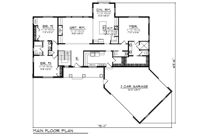 Architectural House Design - Floor Plan - Main Floor for Ranch House Plan #70-1480 - 3 bed, 2.5 bath