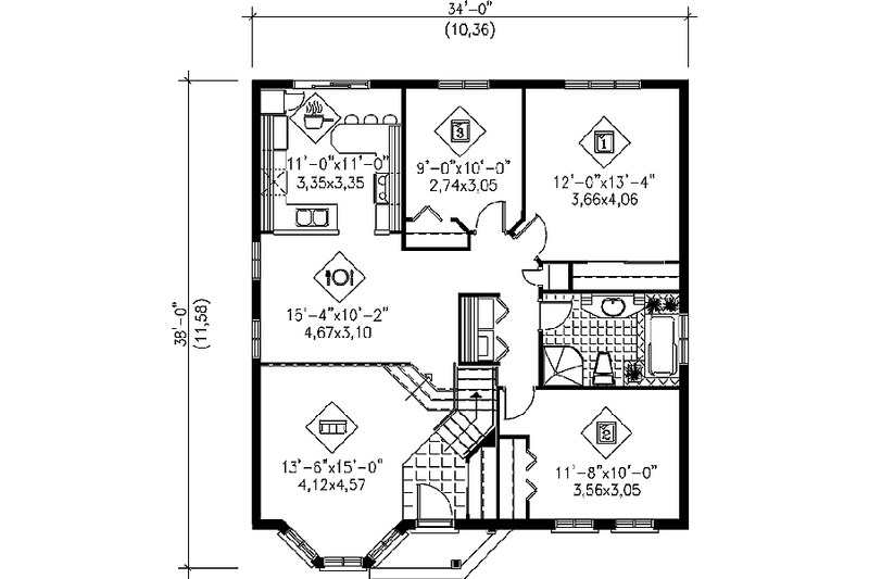 House Blueprint - Floor Plan - Main Floor for European House Plan #25-185 - 3 bed, 1 bath