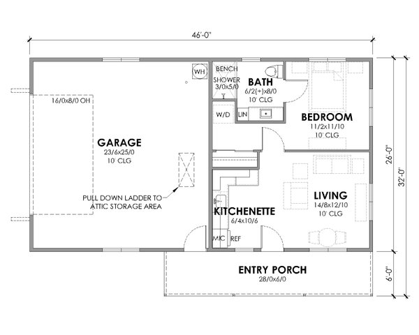 House Blueprint - Floor Plan - Main Floor for Farmhouse House Plan #1105-23 - 1 bed, 1 bath