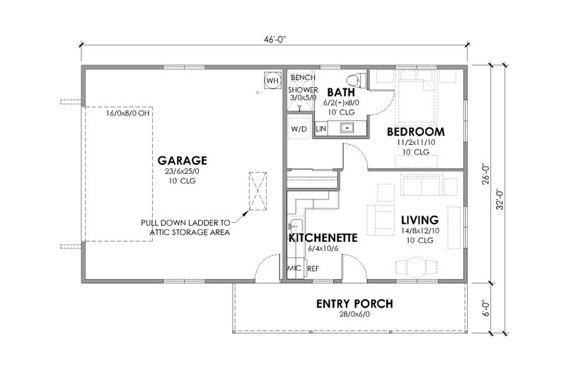 House Blueprint - Floor Plan - Main Floor for Farmhouse House Plan #1105-23 - 1 bed, 1 bath