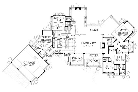 Floor Plan - Main Floor for Prairie House Plan #80-211 - 4 bed, 4 bath