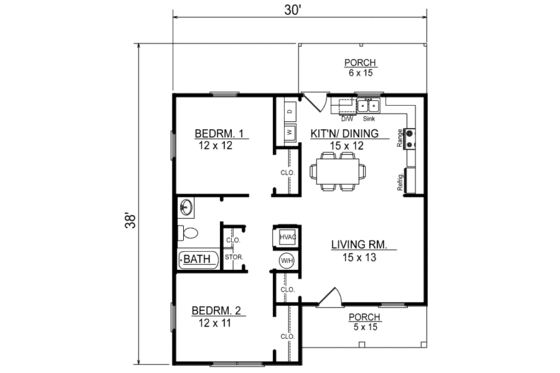 Floor Plan - Main Floor for Cottage House Plan #14-239 - 2 bed, 1 bath
