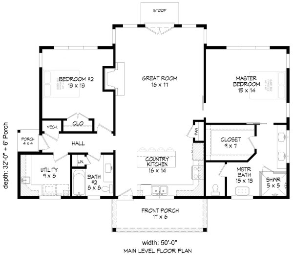 House Blueprint - Southern Floor Plan - Main Floor Plan #932-1257