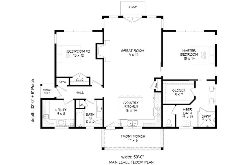 House Blueprint - Floor Plan - Main Floor for Southern House Plan #932-1257 - 2 bed, 2 bath