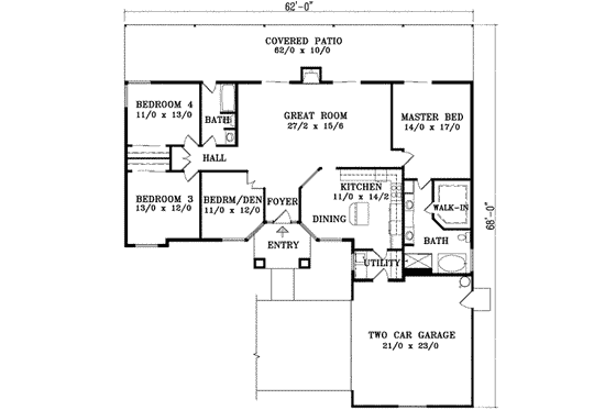 Floor Plan - Main Floor for Ranch House Plan #1-1098 - 4 bed, 2 bath
