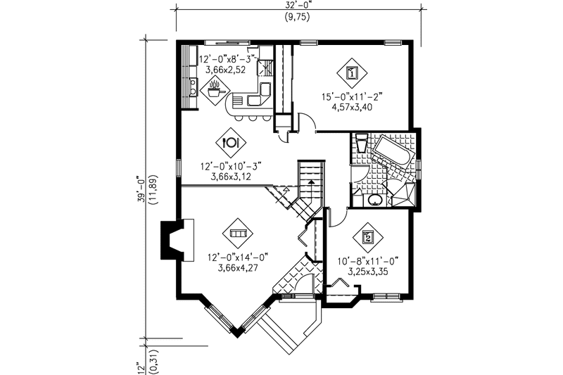 House Blueprint - Floor Plan - Main Floor for Cottage House Plan #25-1186 - 2 bed, 1 bath