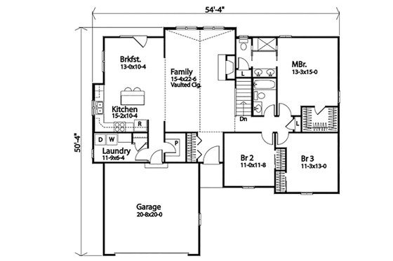 Floor Plan - Main Floor for Ranch House Plan #22-599 - 3 bed, 2 bath