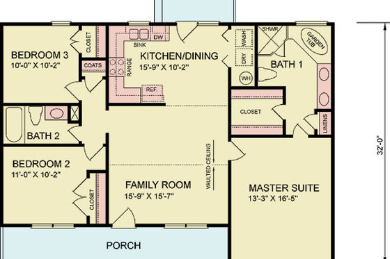 Floor Plan - Main Floor for Ranch House Plan #54-603 - 3 bed, 2 bath