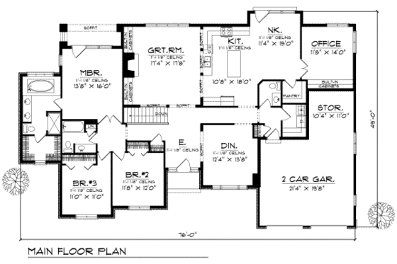 Floor Plan - Main Floor for Traditional House Plan #70-373 - 3 bed, 2.5 bath