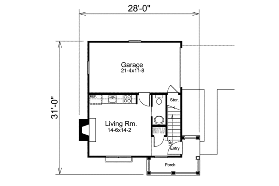 Floor Plan - Main Floor for Cottage House Plan #57-392 - 1 bed, 1.5 bath