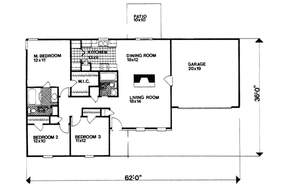 Floor Plan - Main Floor for Ranch House Plan #30-128 - 3 bed, 2 bath