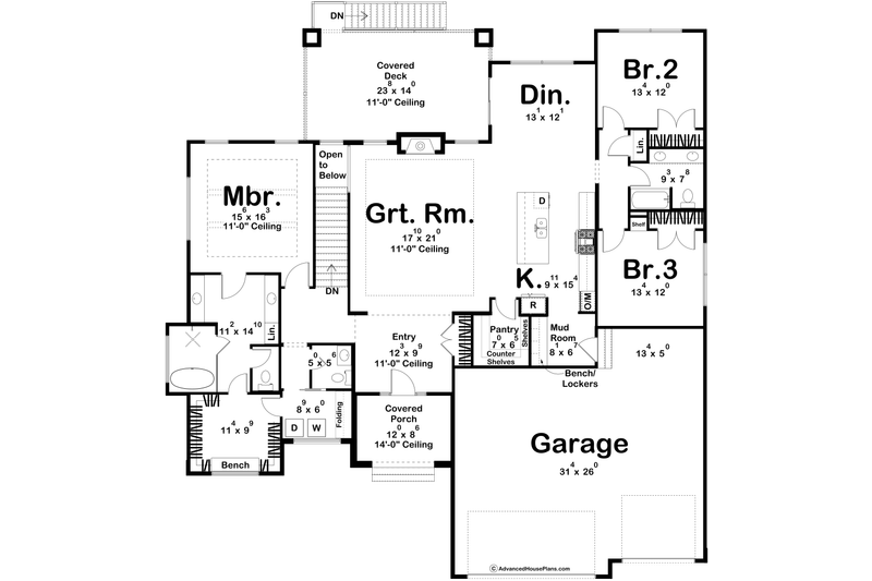 Architectural House Design - Floor Plan - Main Floor for Prairie House Plan #455-335 - 3 bed, 2.5 bath