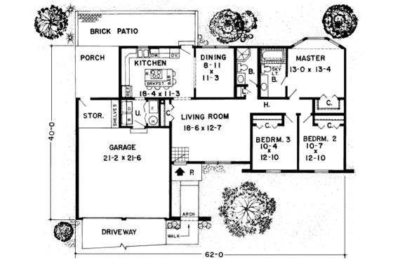 Floor Plan - Main Floor for Mediterranean House Plan #312-186 - 3 bed, 2 bath