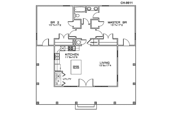 Floor Plan - Main Floor for Craftsman House Plan #8-228 - 2 bed, 1 bath