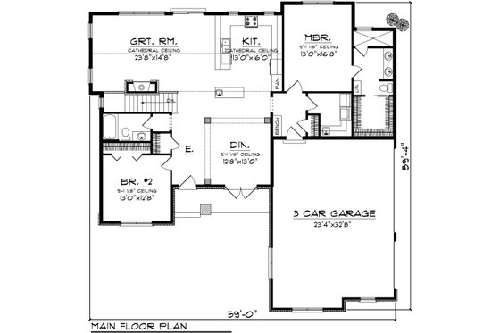 Floor Plan - Main Floor for Ranch House Plan #70-1079 - 2 bed, 1.5 bath