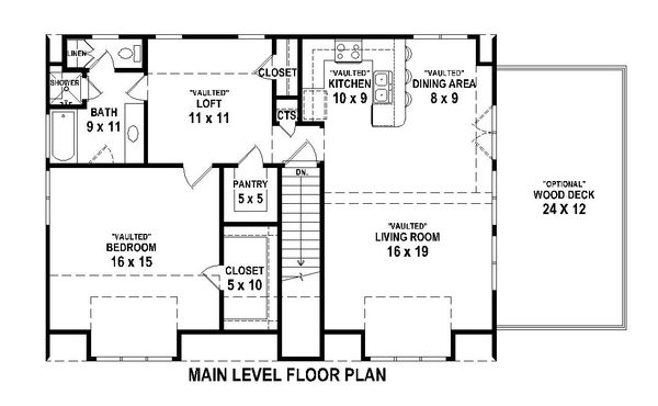 Main Level floor plan - 1200 square traditional home