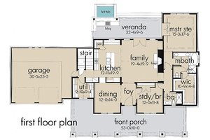 Country style house plan, main level floor plan