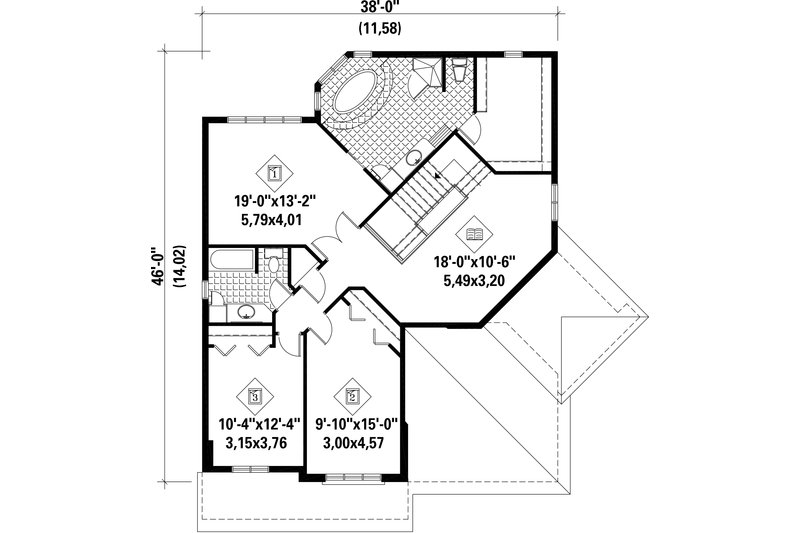 House Blueprint - Floor Plan - Upper Floor for European House Plan #25-4530 - 3 bed, 2 bath