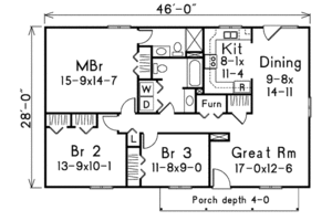 Floor Plan - Main Floor for Ranch House Plan #57-233 - 3 bed, 2 bath