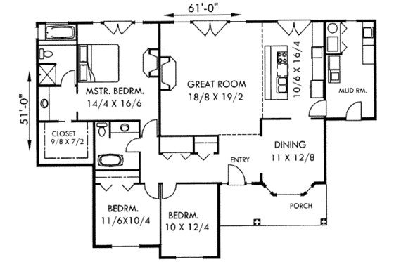Floor Plan - Main Floor for Bungalow House Plan #303-441 - 3 bed, 2 bath