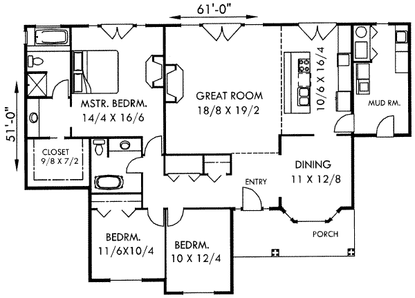 Bungalow Style House  Plan  3 Beds 2 Baths 1722 Sq Ft Plan  