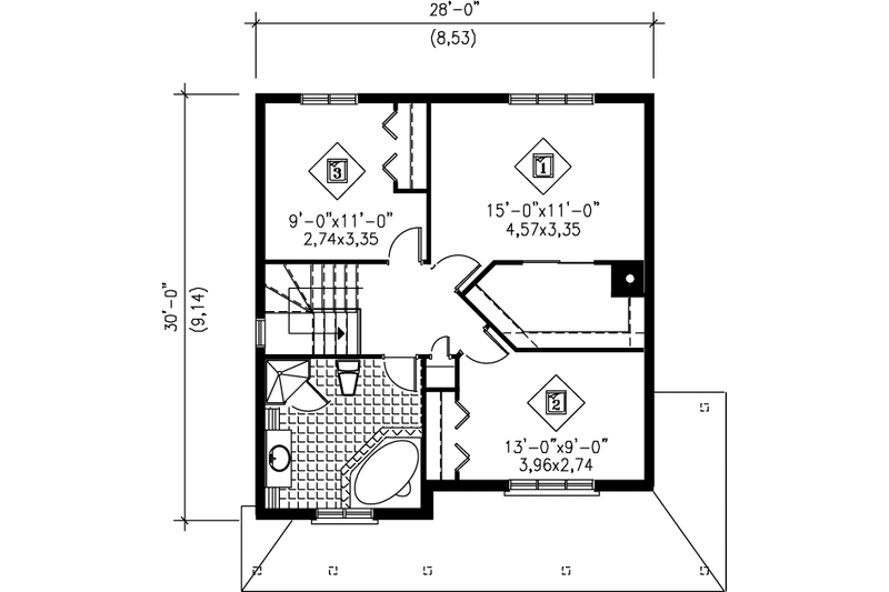 House Blueprint - Floor Plan - Upper Floor for Traditional House Plan #25-2006 - 3 bed, 1.5 bath
