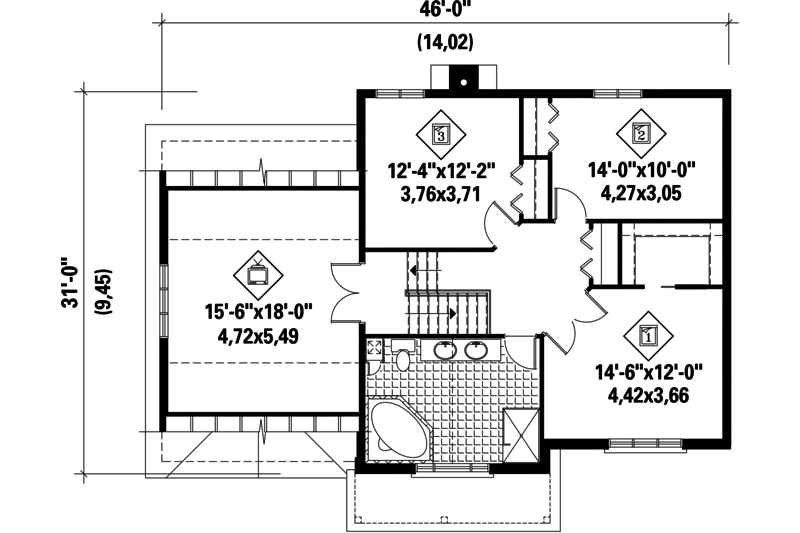 Architectural House Design - Floor Plan - Upper Floor for Traditional House Plan #25-4676 - 3 bed, 1 bath