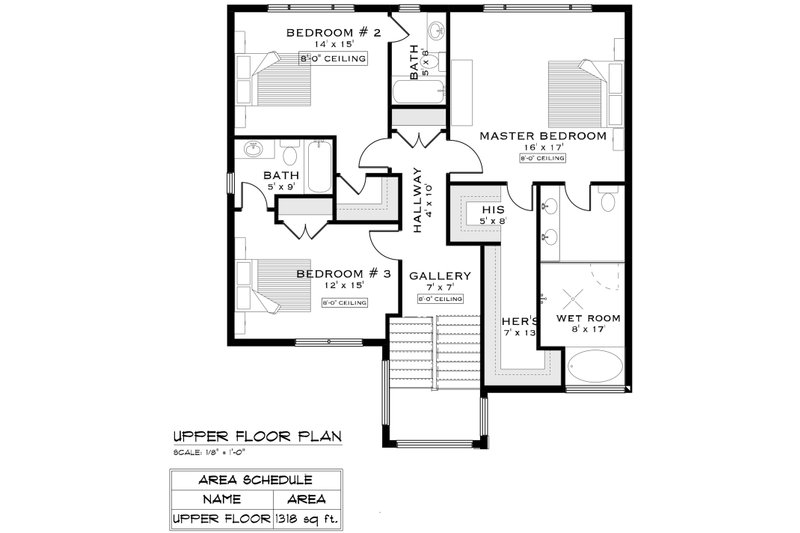 House Design - Floor Plan - Upper Floor for Contemporary House Plan #1101-6 - 3 bed, 3.5 bath