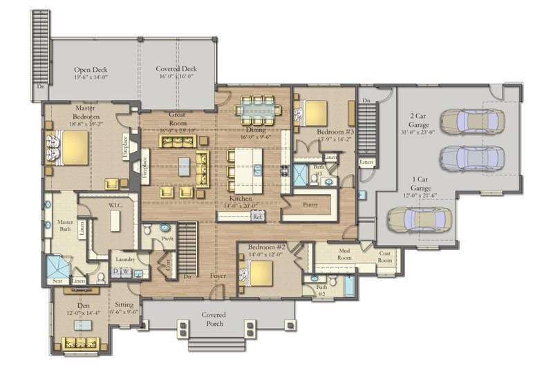 House Blueprint - Floor Plan - Main Floor for Craftsman House Plan #1057-26 - 3 bed, 3.5 bath