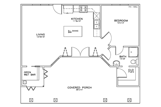 Floor Plan - Main Floor for Craftsman House Plan #8-129 - 1 bed, 1 bath