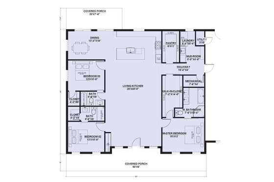 Floor Plan - Main Floor for Barndominium House Plan #1107-11 - 3 bed, 3 bath