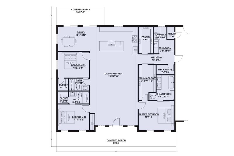 House Design - Floor Plan - Main Floor for Barndominium House Plan #1107-11 - 3 bed, 3 bath