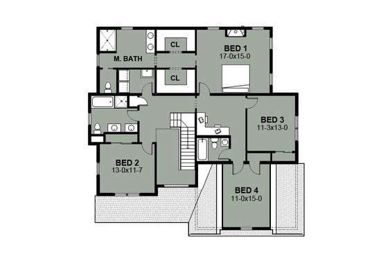 Floor Plan - Upper Floor for Farmhouse House Plan #497-16 - 4 bed, 3.5 bath
