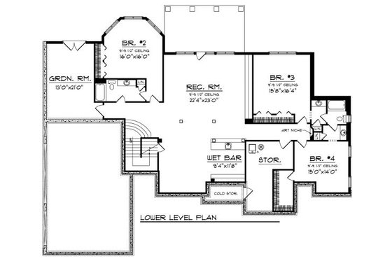 Floor Plan - Lower Floor for European House Plan #70-889 - 4 bed, 3.5 bath