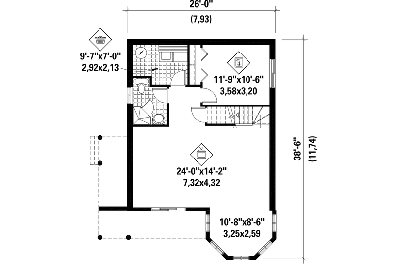 House Blueprint - Floor Plan - Lower Floor for Cabin House Plan #25-4413 - 4 bed, 2 bath