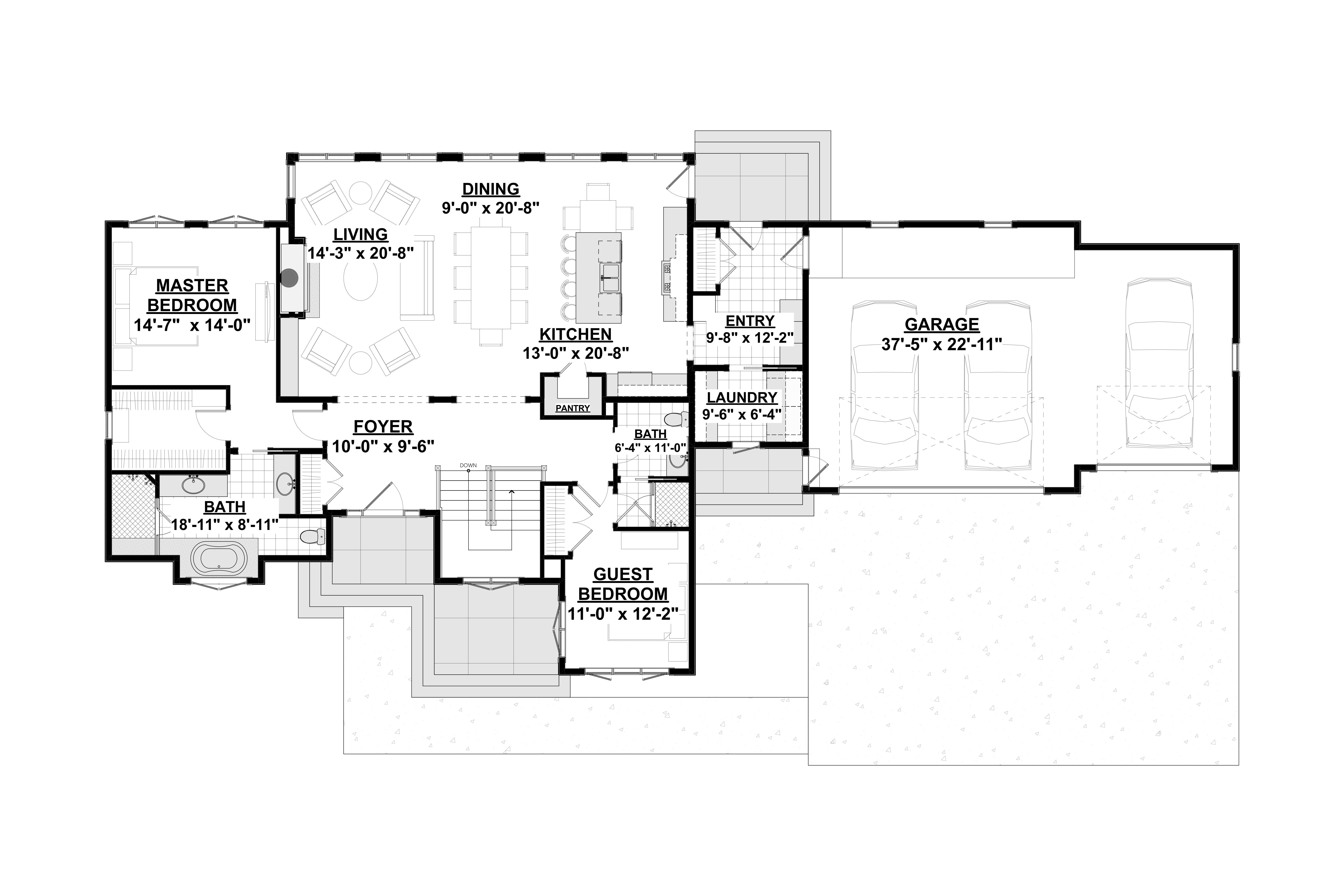 Floor plan with two bedrooms and an open layout
